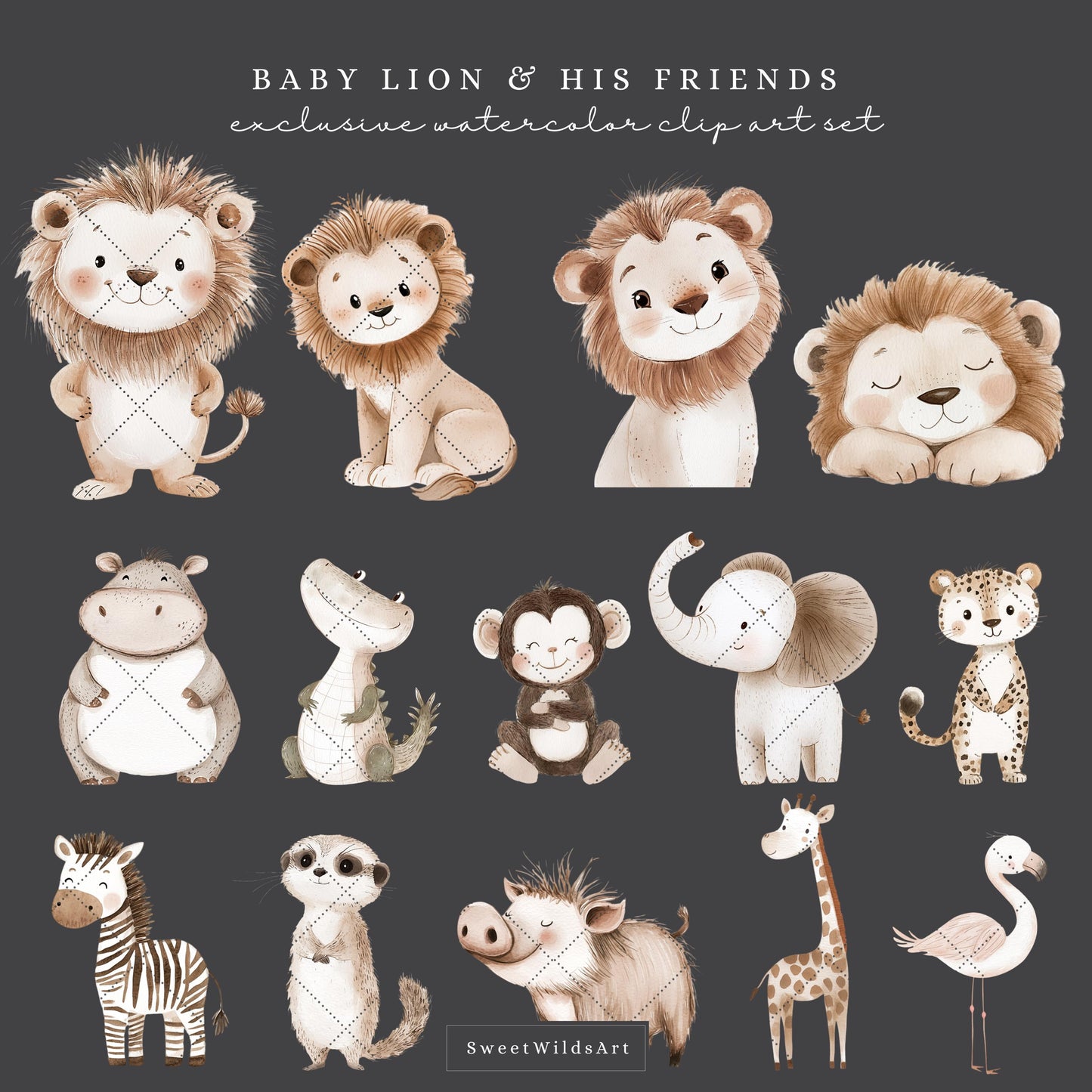 Baby Lion and his Friends - Safari Animals Clipart, Cute, Baby Shower, Nursery | 27 PNG