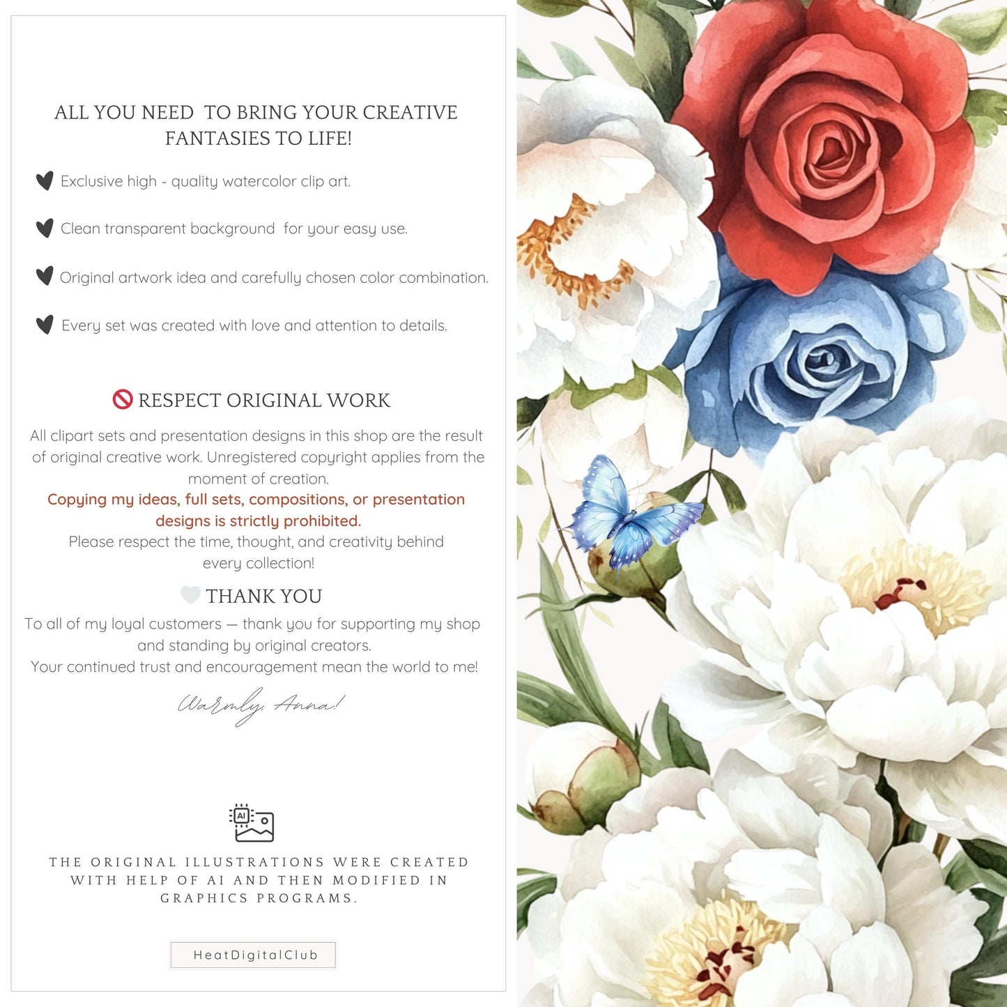 Americana Girl – Watercolor Florals, Red, White & Blue | 12 PNG
