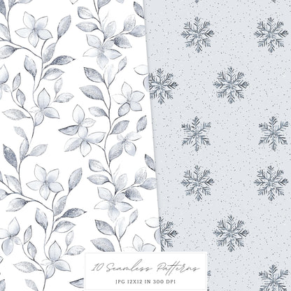 Silver Ice - Seamless Patterns, Cozy Winter, Snowflakes | 10 JPEG