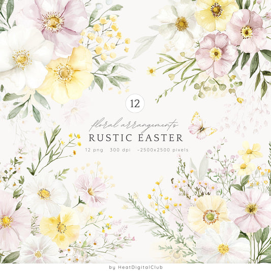 Rustic Easter - Floral Arrangements Clipart, Soft Spring Bouquet | 12 PNG