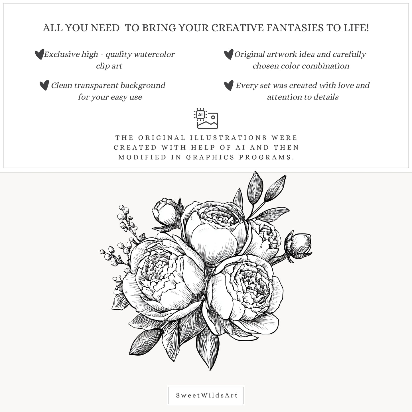 Drawing Party - Floral Line Art, Flowers Clipart, Black and White Peony | 14 PNG