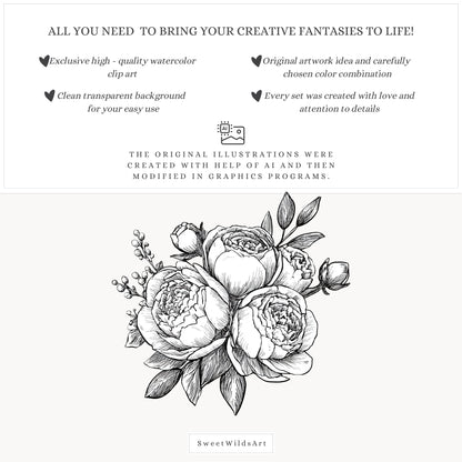 Drawing Party - Floral Line Art, Flowers Clipart, Black and White Peony | 14 PNG