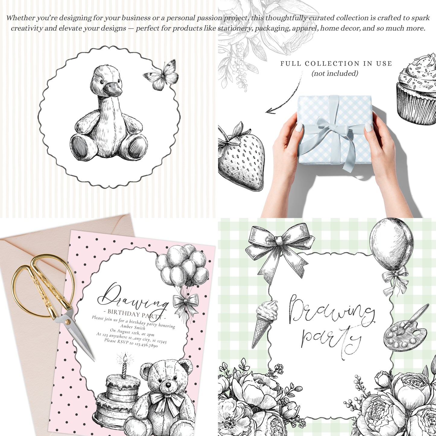 Drawing Party - Line Art Clipart, Birthday Animals, Black and White Teddy Bear | 35 PNG