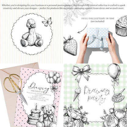 Drawing Party - Line Art Clipart, Birthday Animals, Black and White Teddy Bear | 35 PNG