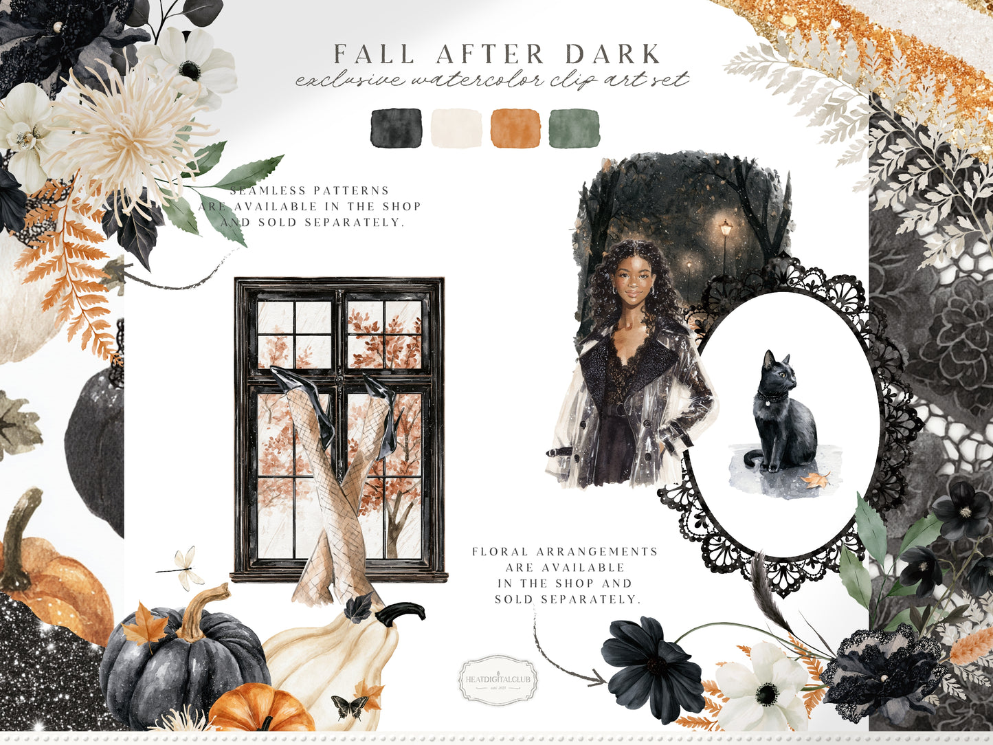 Fall After Dark - Clipart, Dark Coquette Autumn, Black Lace, Moody Rainy Autumn, Feminine Gothic | 40 PNG