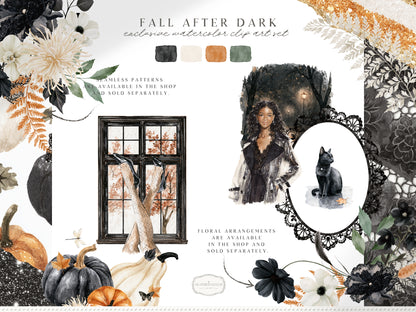 Fall After Dark - Clipart, Dark Coquette Autumn, Black Lace, Moody Rainy Autumn, Feminine Gothic | 40 PNG