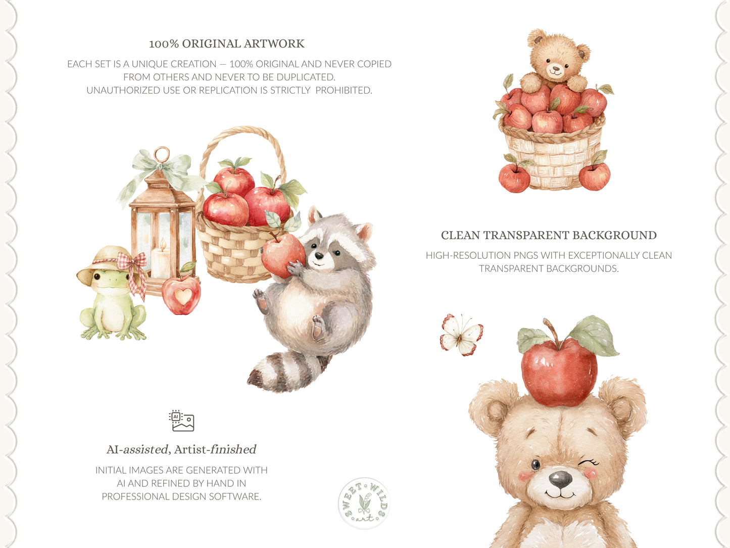 Apple Classics - Nursery Clipart, Cute Animals Clipart, Apple Orchard Kids, Fall Baby | 60 PNG