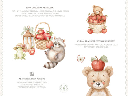 Apple Classics - Nursery Clipart, Cute Animals Clipart, Apple Orchard Kids, Fall Baby | 60 PNG