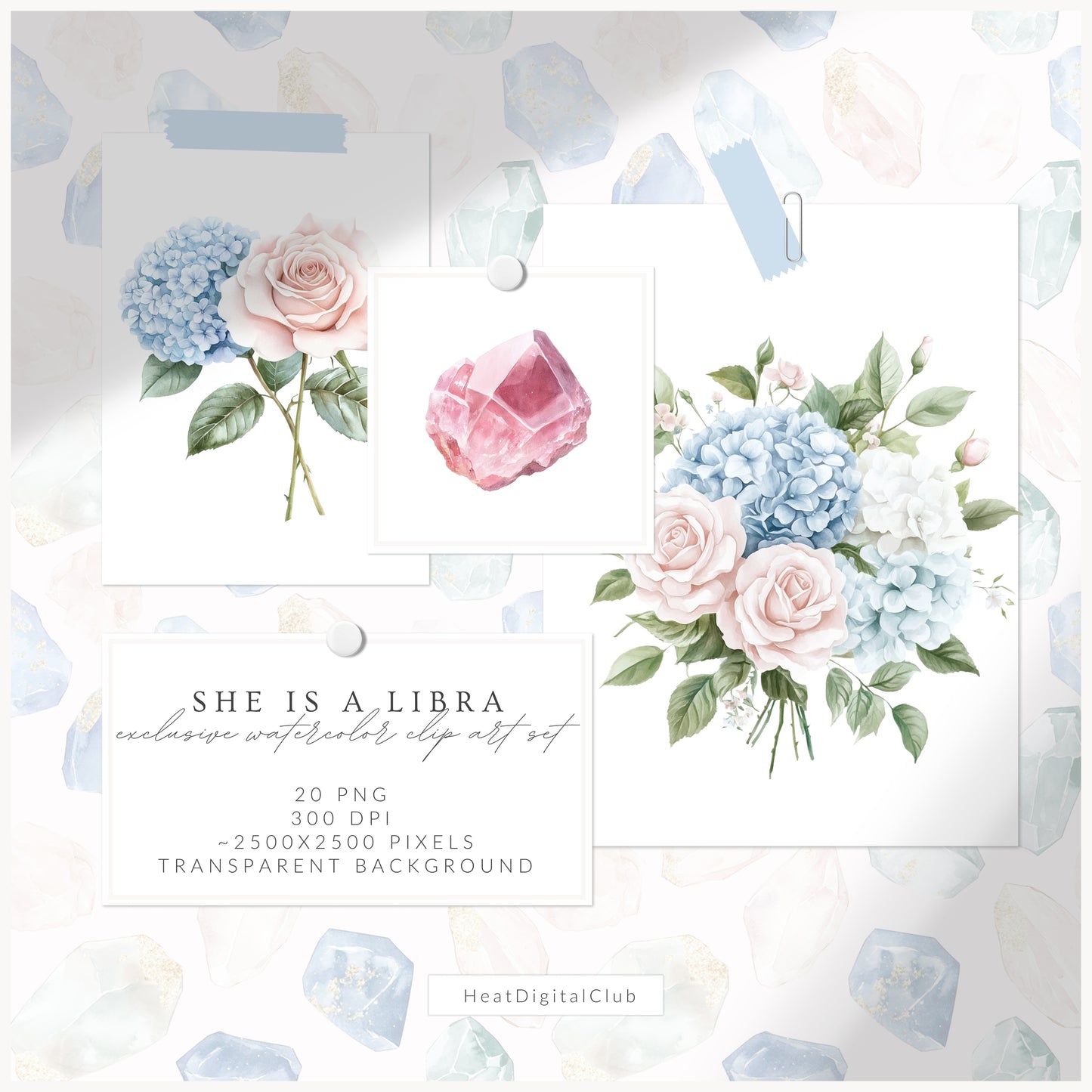She is a Libra - Floral Arrangements, Zodiac, Elegant Rose & Hydrangea, Gemstones | 20 PNG