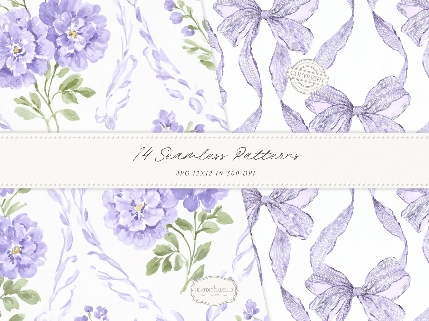 Grandmillennial Set 7 - Seamless Patterns, Lavender Floral, Purple Stripe, Plaid, Elegant Botanical Patterns | 14 JPEG