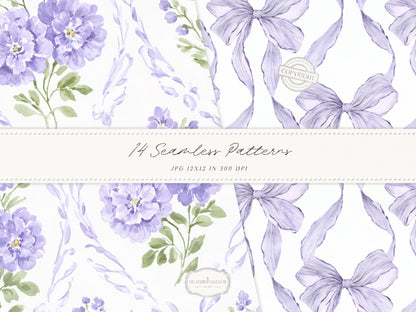Grandmillennial Set 7 - Seamless Patterns, Lavender Floral, Purple Stripe, Plaid, Elegant Botanical Patterns | 14 JPEG