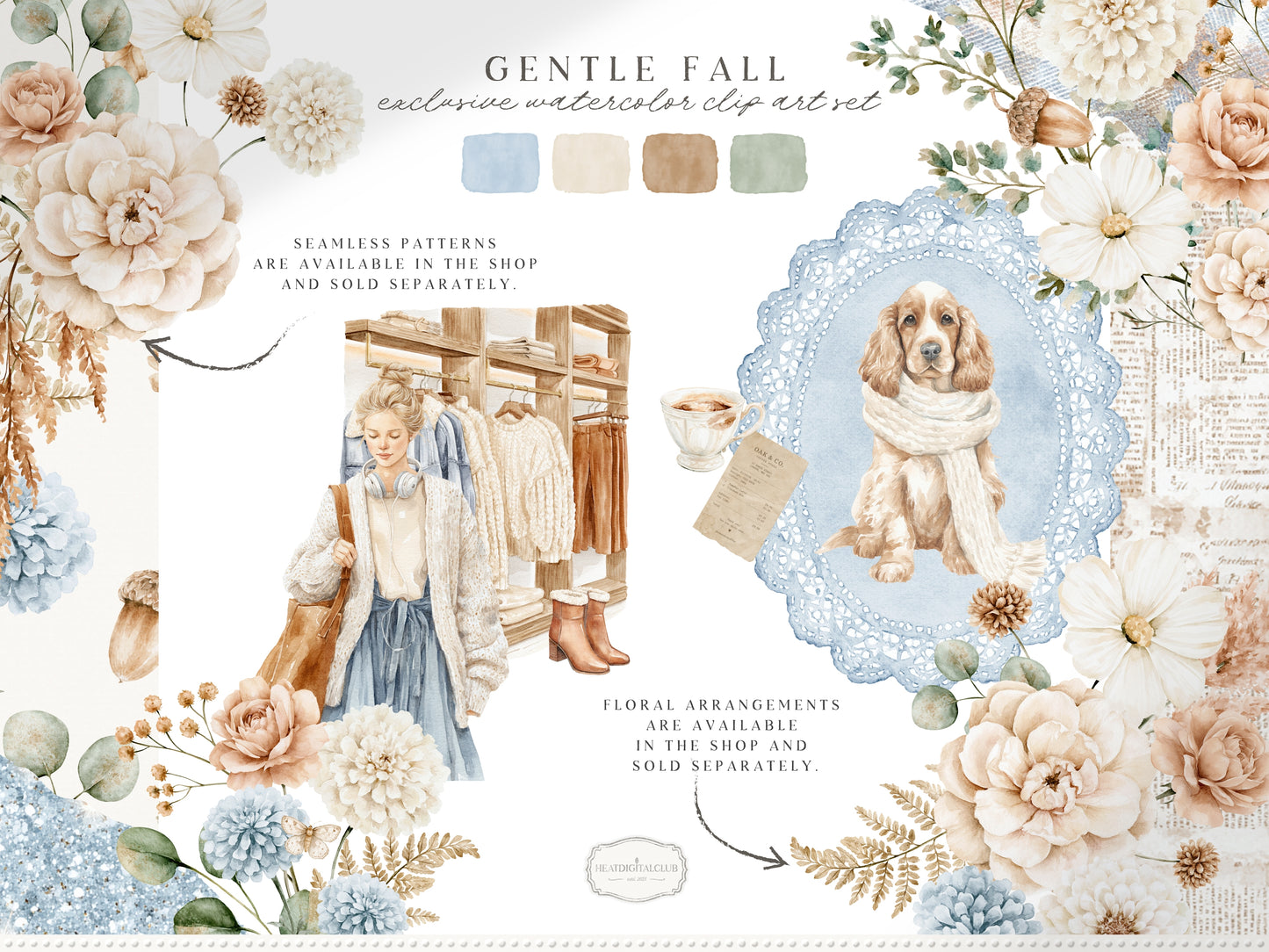 Gentle Fall - Clipart, London Autumn, Cozy Autumn, Neutral Fall Aesthetic, Rainy Day | 60 PNG