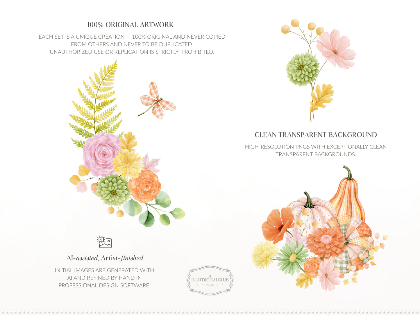 Joyful Fall - Floral Arrangements Clipart, Pink Orange Autumn Flowers, Watercolor Botanical, Fall Bouquets | 40 PNG