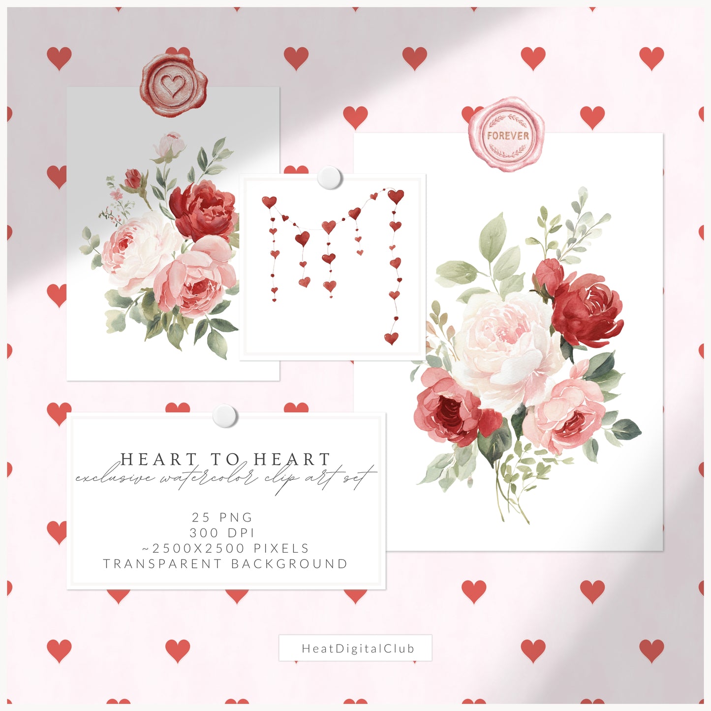 Heart to Heart - Valentine's Day Floral Arrangements Clipart, Valentine Roses, Romantic | 25 PNG