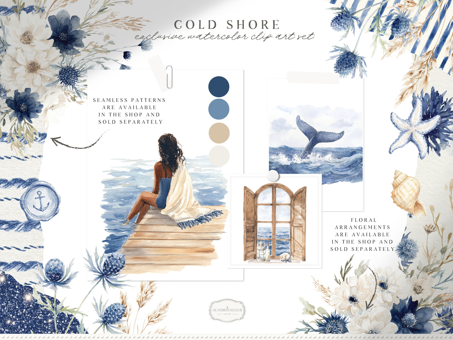 Cold Shore - Clipart, Navy Coastal Girls, Summer Beach, Nautical Graphics, Blue Sea Fashion | 60 PNG