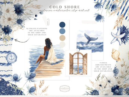 Cold Shore - Clipart, Navy Coastal Girls, Summer Beach, Nautical Graphics, Blue Sea Fashion | 60 PNG