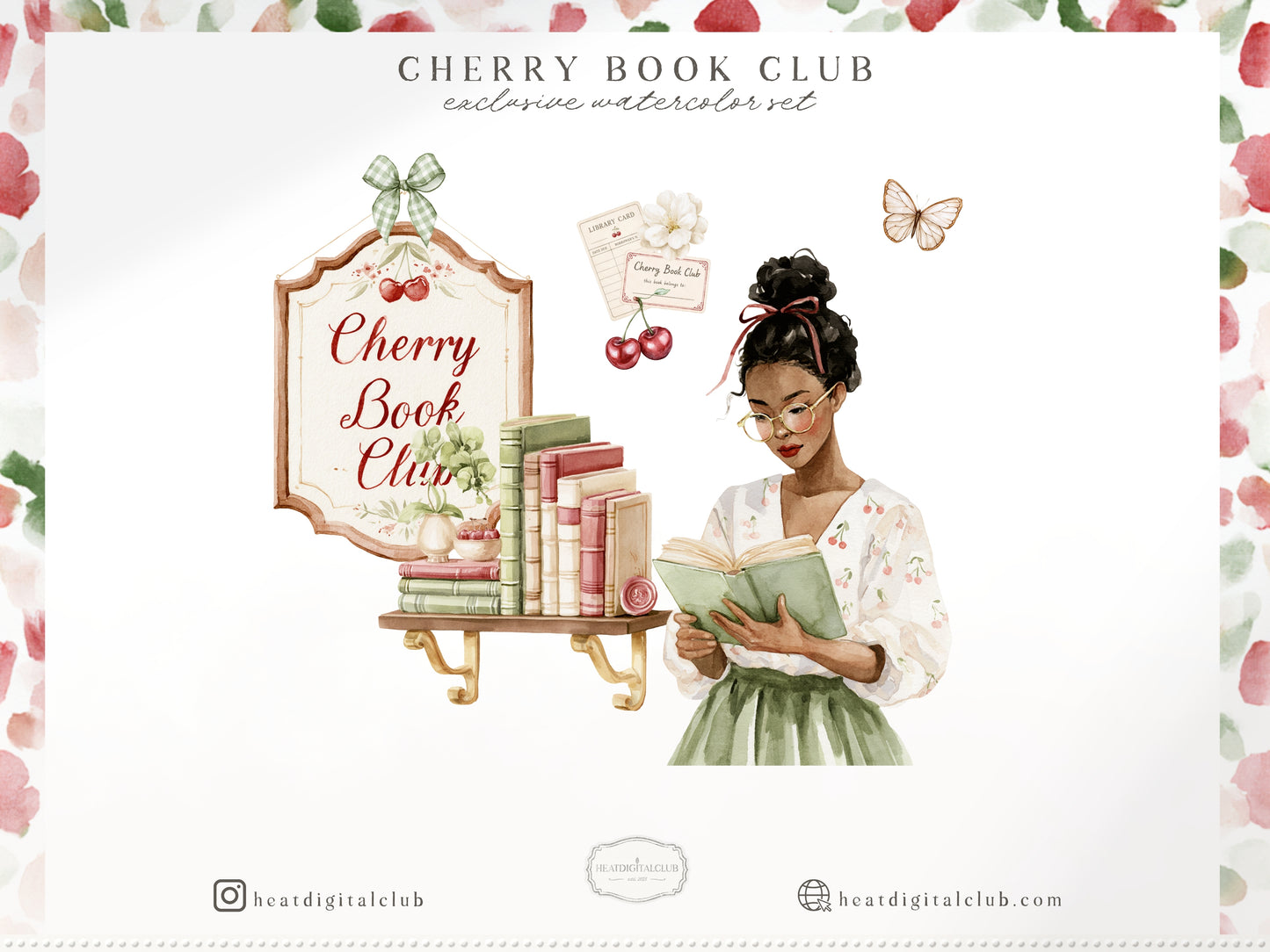 Cherry Book Club - Clipart, Bookish , Reading Girl, Matcha Latte, Cherries, Vintage Books, Seamless Patterns | 90 PNG/JPEG