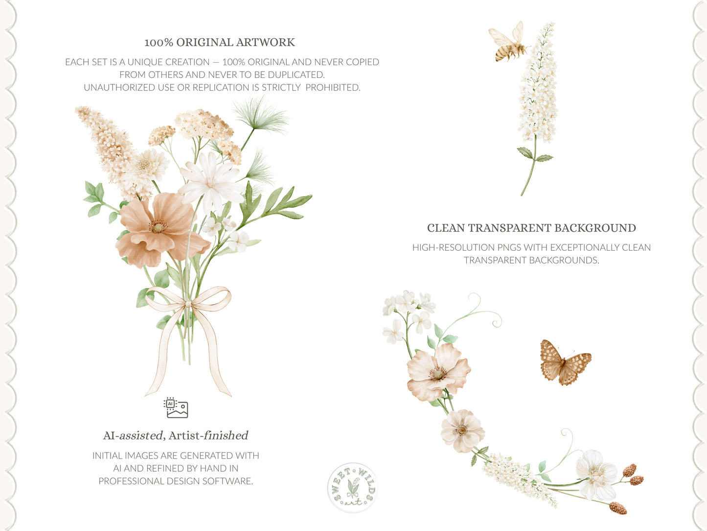 Sweet Wilds - Flowers Clipart, Meadow Flowers, Neutral Floral, Beige Ivory Flowers, Wildflower Baby Shower | 68 PNG/JPEG