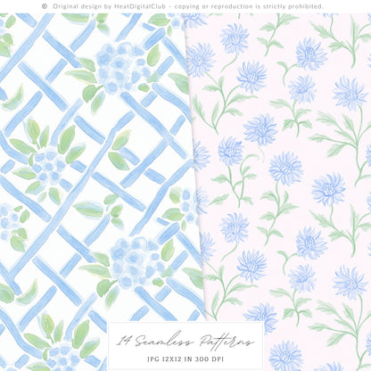 Grandmillennial - Seamless Patterns, Set 3, Pastel Floral, Stripes, Plaid, Glitter | 14 JPEG