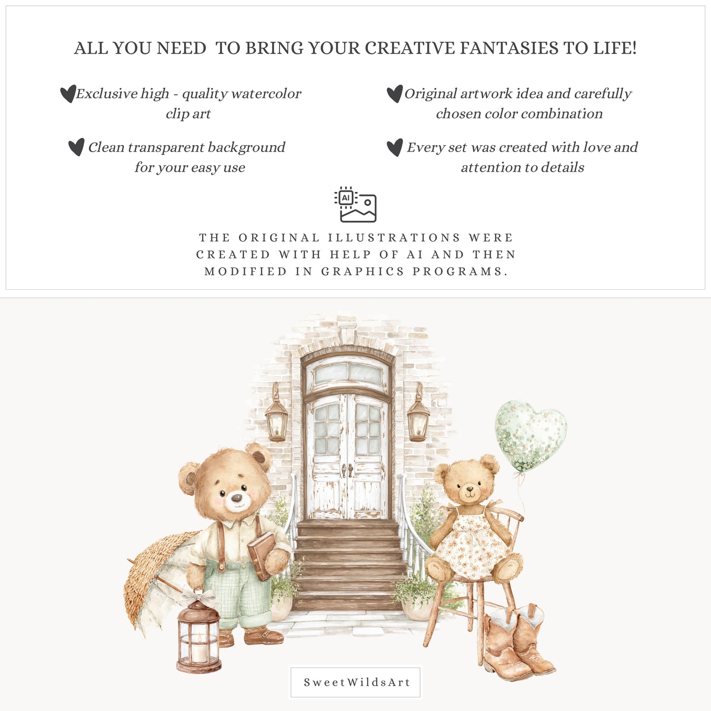 Cottage Classics - Teddy Bears Clipart, Kids Nursery, Vintage Toys, Grandmillennial | 60 PNG
