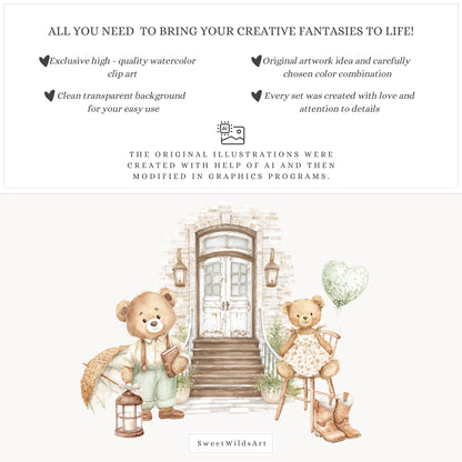 Cottage Classics - Teddy Bears Clipart, Kids Nursery, Vintage Toys, Grandmillennial | 60 PNG