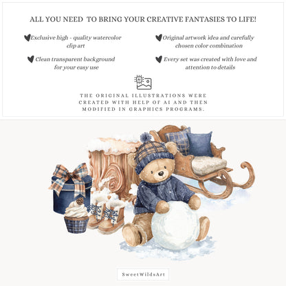 Winter Classics - Teddy Bears Clipart, Tartan Holiday, Cute, Festive Nursery Animals | 60 PNG