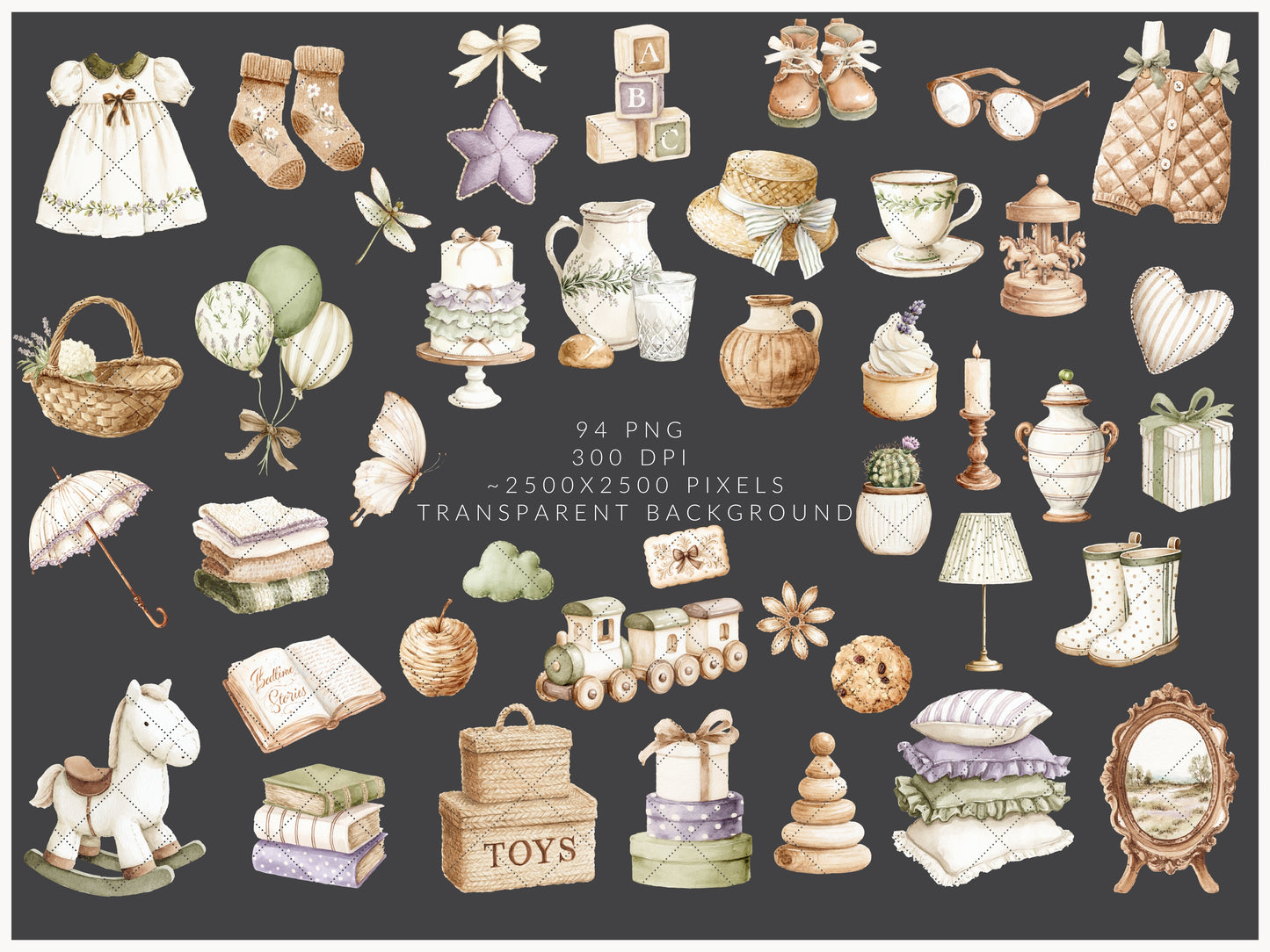 Gentle Atelier - Heirloom Baby Toys, Vintage Nursery Clipart, Neutral Baby Shower, English Spring | 104 PNG/JPEG