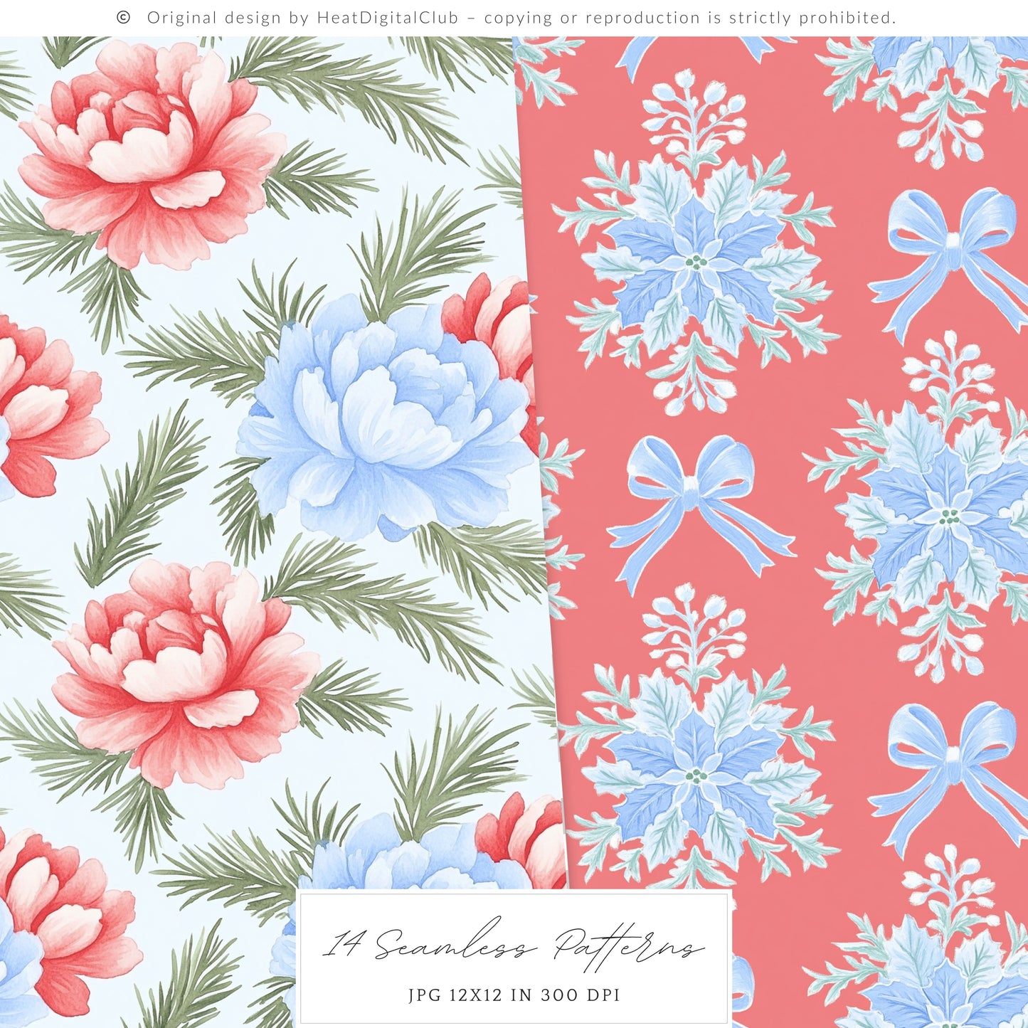 Merry Christmas - Seamless Patterns Set 2, Grandmillennial Holiday, Stripes, Plaid | 14 JPEG