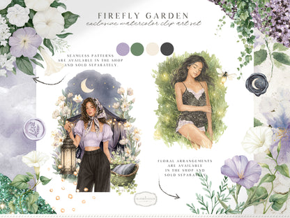 Firefly Garden - Clipart, Night Summer Garden, Moonlight, Cottagecore, Mystical Garden | 60 PNG