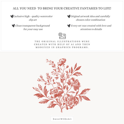 Romantic Classics - Floral Arrangements Clipart, Rose Bouquets, Valentine's Day, Hearts | 24 JPEG