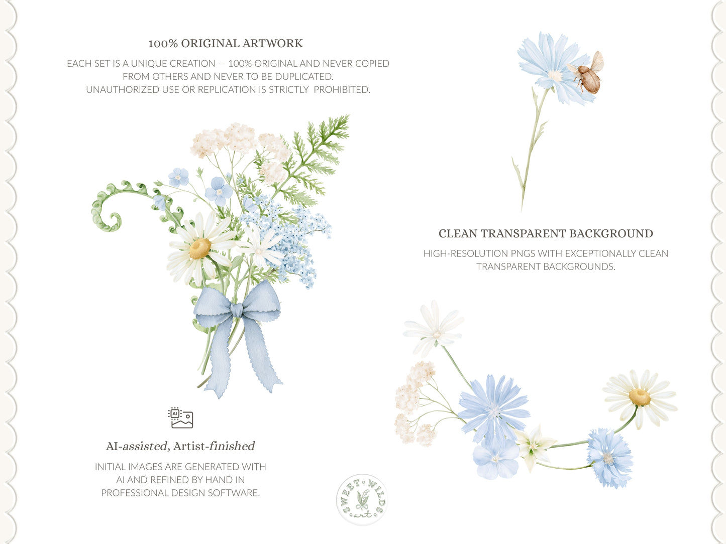 Sweet Wilds - Flowers Clipart, Meadow Flowers, Light Blue Floral, Wildflower Baby Shower | 70 PNG/JPEG