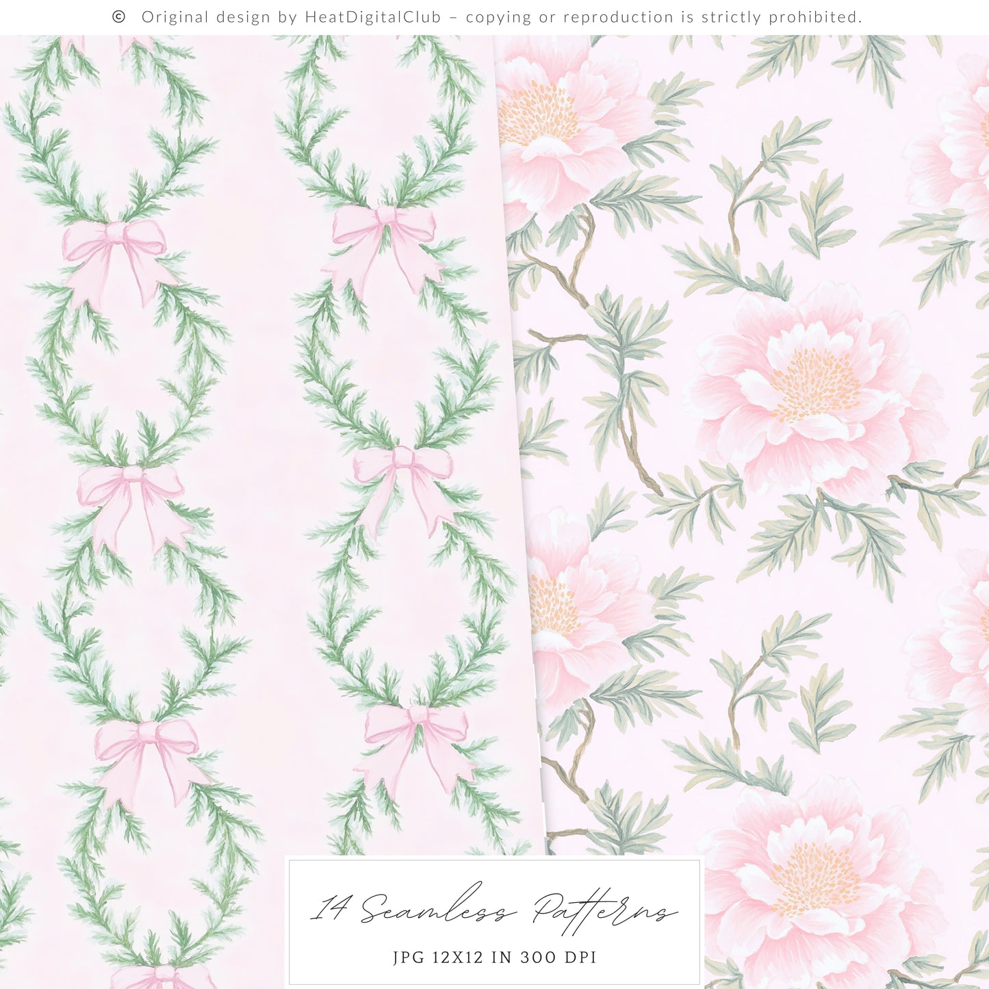 Merry Christmas - Seamless Patterns Set 4, Grandmillennial Holiday, Stripes, Plaid | 14 JPEG