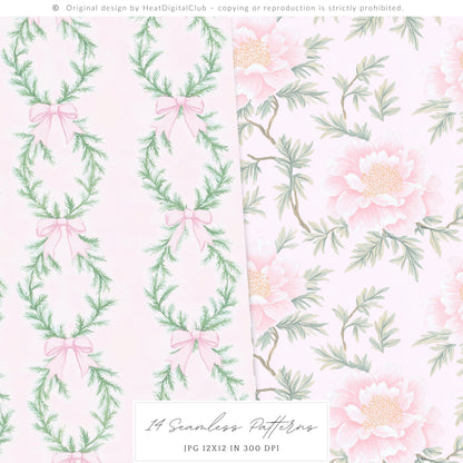 Merry Christmas - Seamless Patterns Set 4, Grandmillennial Holiday, Stripes, Plaid | 14 JPEG