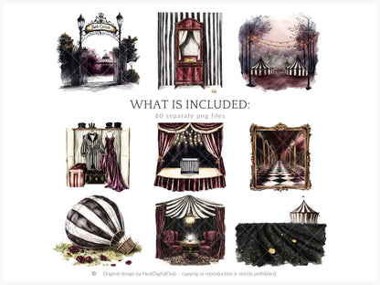 Dark Circus - Gothic Halloween, Vintage Carnival Clipart, Spooky Performer | 60 PNG