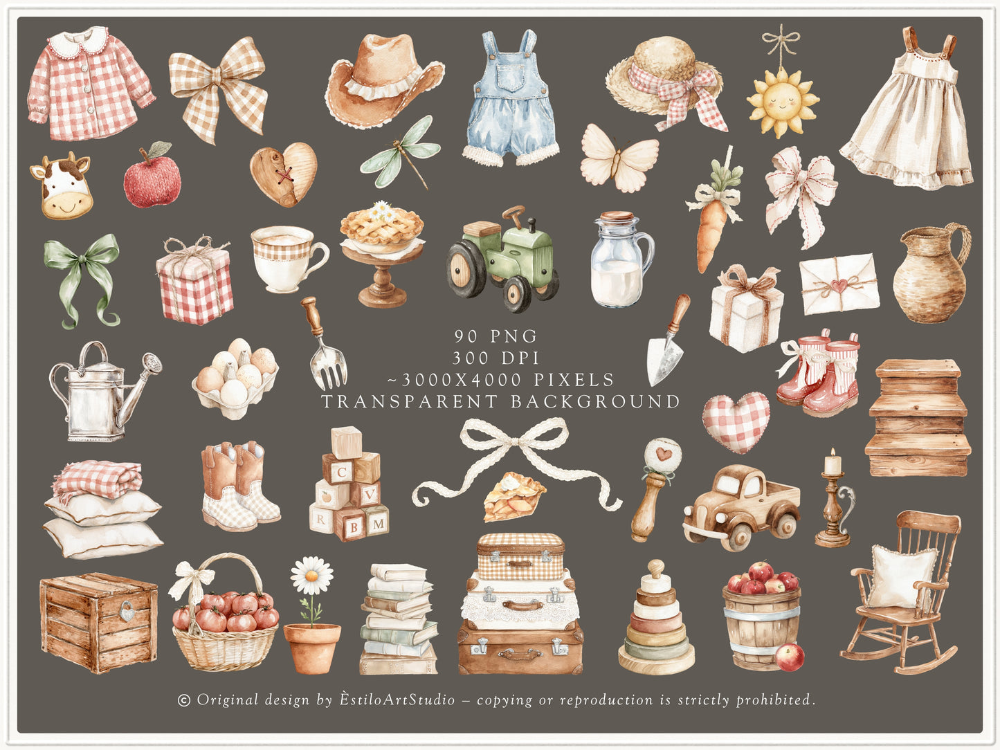 Farm Atelier - Clipart, Heirloom Nursery, Vintage Barn Animals, Farmhouse Baby Shower, Cottage Farm Seamless Patterns | 104 PNG/JPEG