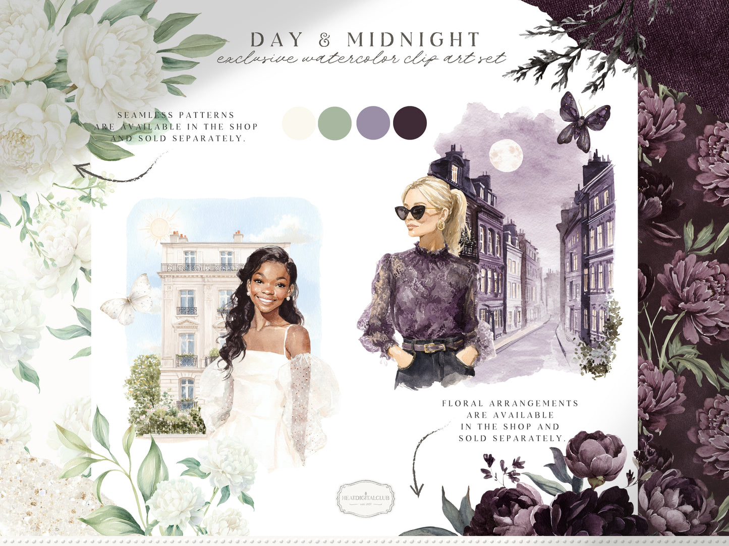 Day & Midnight - Clipart Set, Romantic Dark Gothic Clipart, Feminine, Cottagecore | 60 PNG