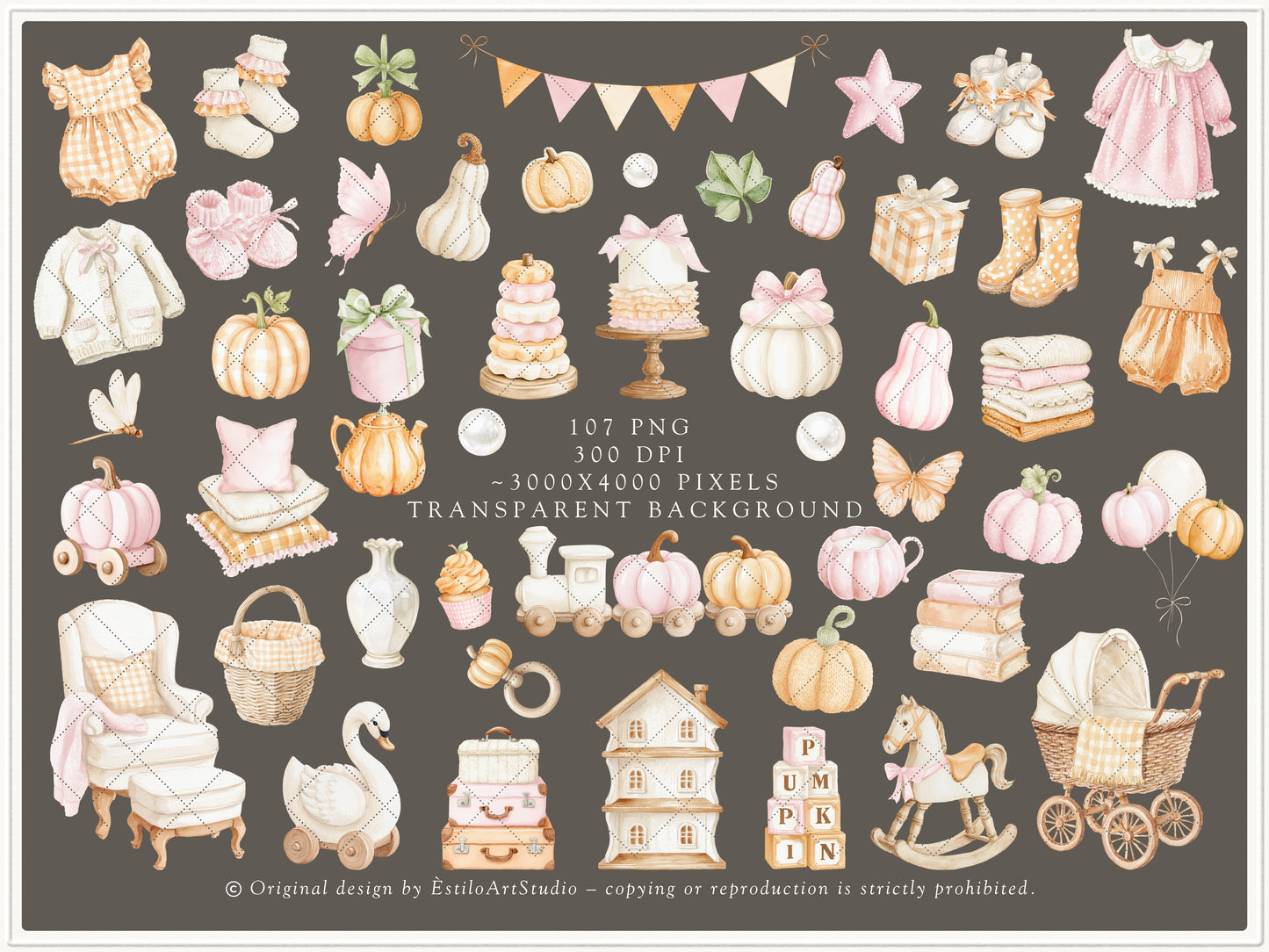 Pumpkin Atelier - Clipart, Fall Autumn Baby Shower, Little Pumpkin Birthday, Girl Fall, Seamless Patterns | 121 PNG/JPEG