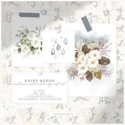 Rainy Kyoto - Floral Arrangements, White Elegant Flowers, Japanese Botanical | 12 PNG