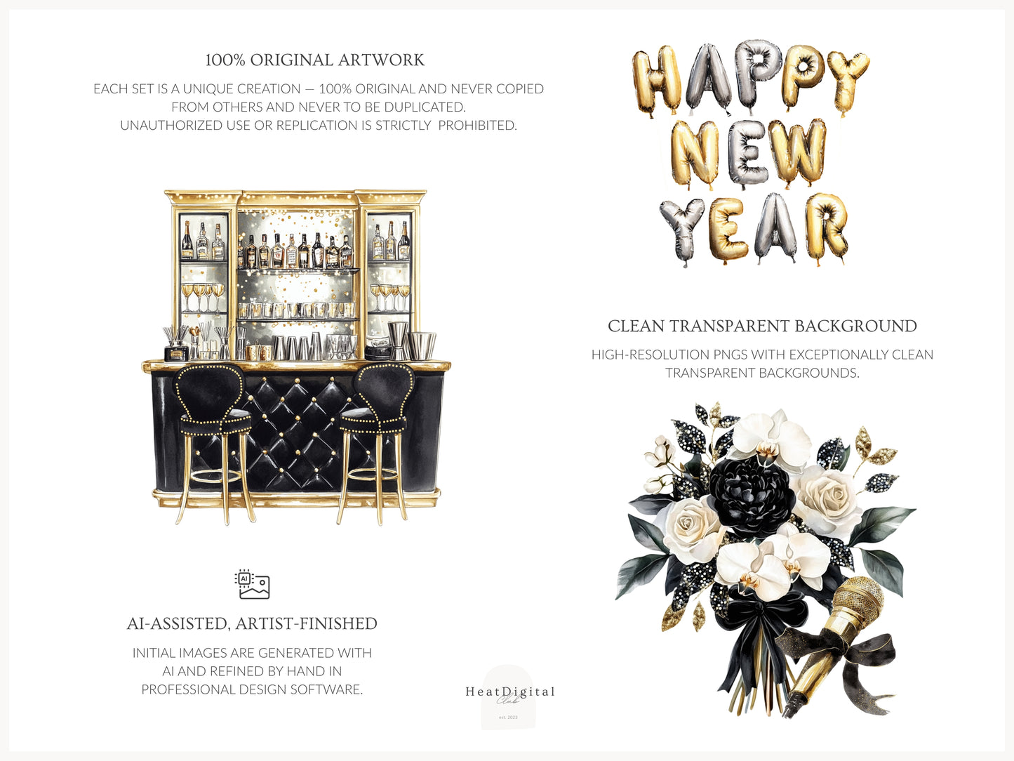 Happy New Year - Clipart, Black Gold Silver Party,  Balloons Champagne, Holiday | 60 PNG