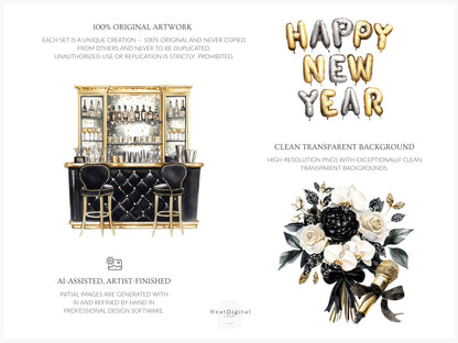 Happy New Year - Clipart, Black Gold Silver Party,  Balloons Champagne, Holiday | 60 PNG