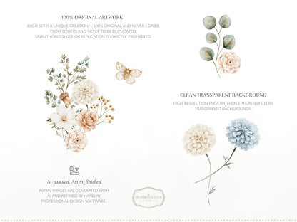 Gentle Fall - Floral Arrangements Clipart, Neutral Floral Autumn, Beige Flowers, Fall Botanical Elements, Pumpkins | 37 PNG