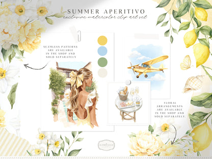 Summer Aperitivo - Italian Lemon Clipart, Limoncello Aesthetic, Citrus, Mediterranean Travel | 60 PNG