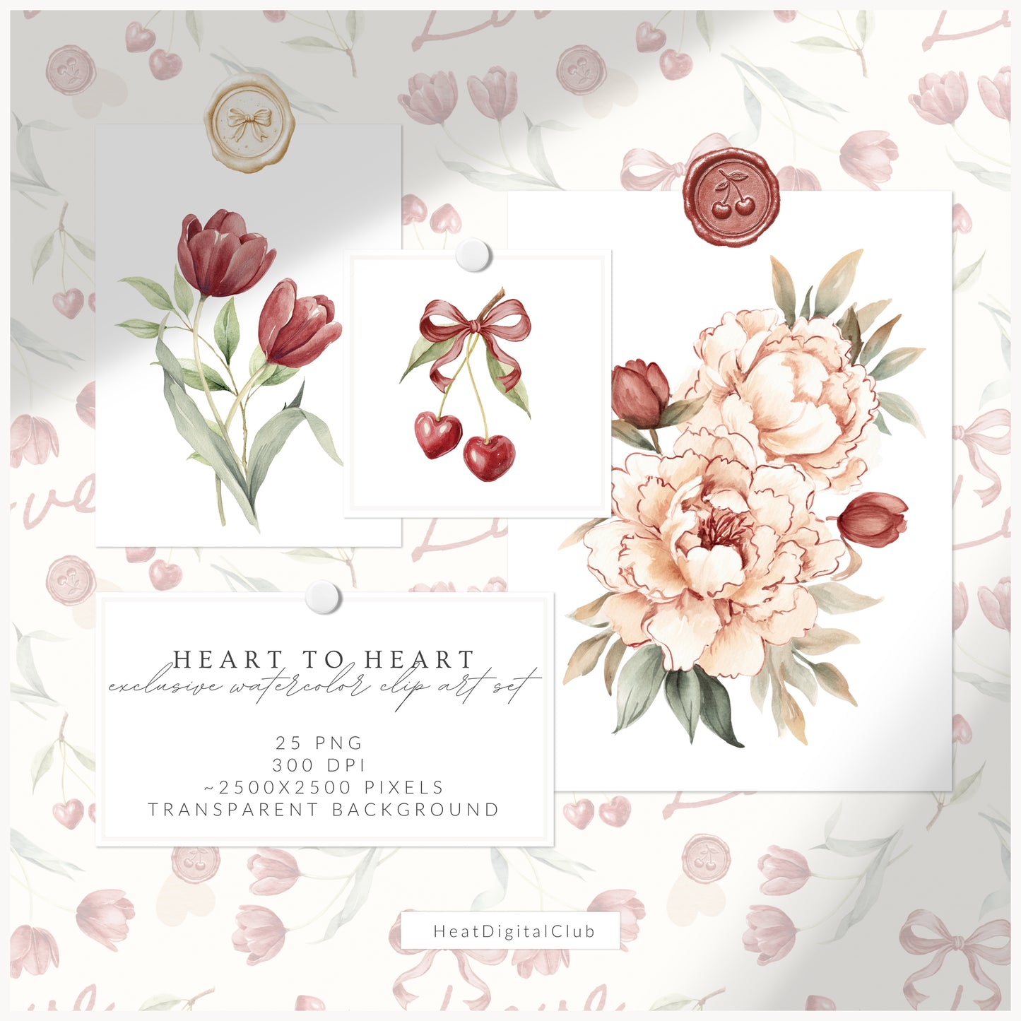 Cherry in Love - Valentine's Day Floral Arrangements Clipart, Valentine Peonies , Romantic | 25 PNG