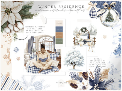 Winter Residence - Watercolor Clipart Sets, Elegant Cozy Christmas | 61 PNG