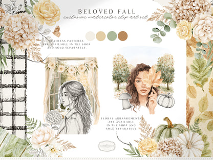 Beloved Fall - Autumn Clipart, Cozy Fall Elements, Pumpkin Clipart, Cottage Fall | 60 PNG