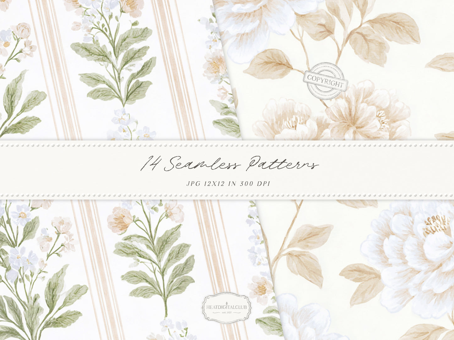 Grandmillennial Set 8 - Seamless Patterns, Beige Neutral Floral, Estate Botanical, Stripes, Damask Patterns | 14 JPEG