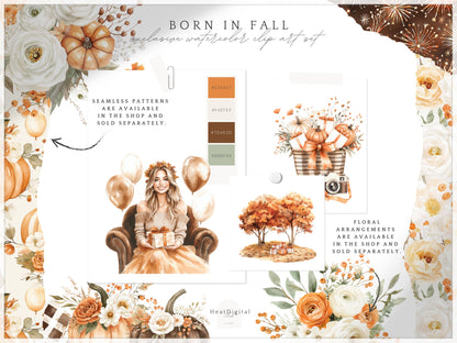 Born In Fall - Birthday Girl Clipart, Autumn Balloons, Cakes and Gifts, Party | 60 PNG