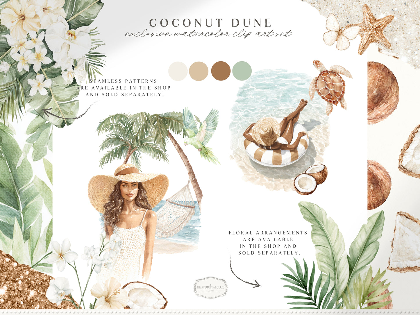 Coconut Dune - Tropical Summer Clipart, Beach Aesthetic, Neutral Coastal Elements, Resort Vacation | 60 PNG