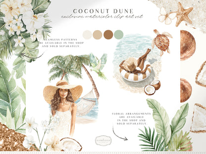 Coconut Dune - Tropical Summer Clipart, Beach Aesthetic, Neutral Coastal Elements, Resort Vacation | 60 PNG