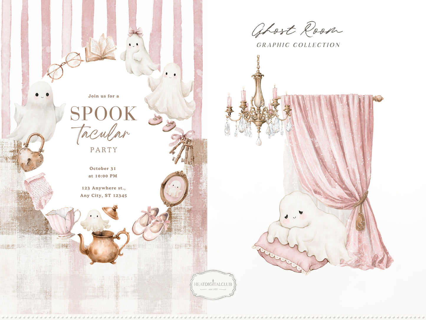 Ghost Room - Watercolor Pink Halloween Clipart and Seamless Patterns Bundle | 68 PNG/JPEG